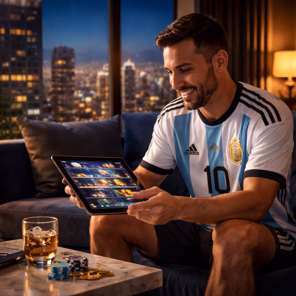 A stylish Argentine player enjoying a winning session on the AnyBet platform from a modern apartment with vibrant casino visuals on screen.