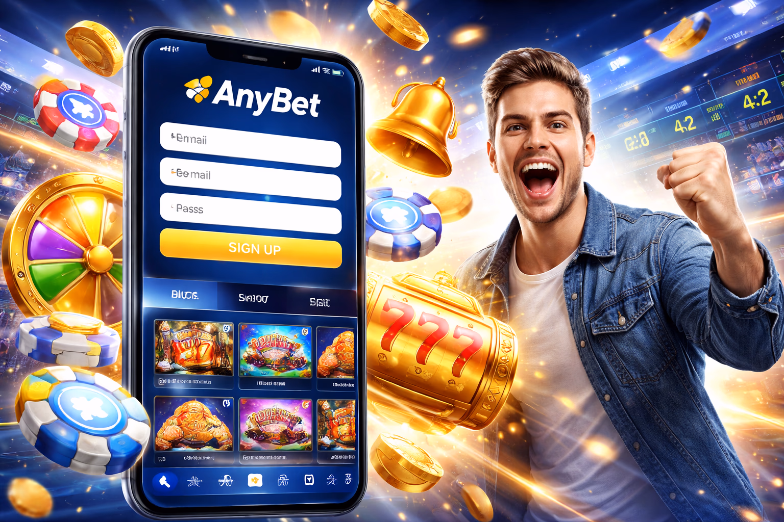 A happy player celebrating after joining AnyBet and launching a first game on a bright, modern mobile screen.