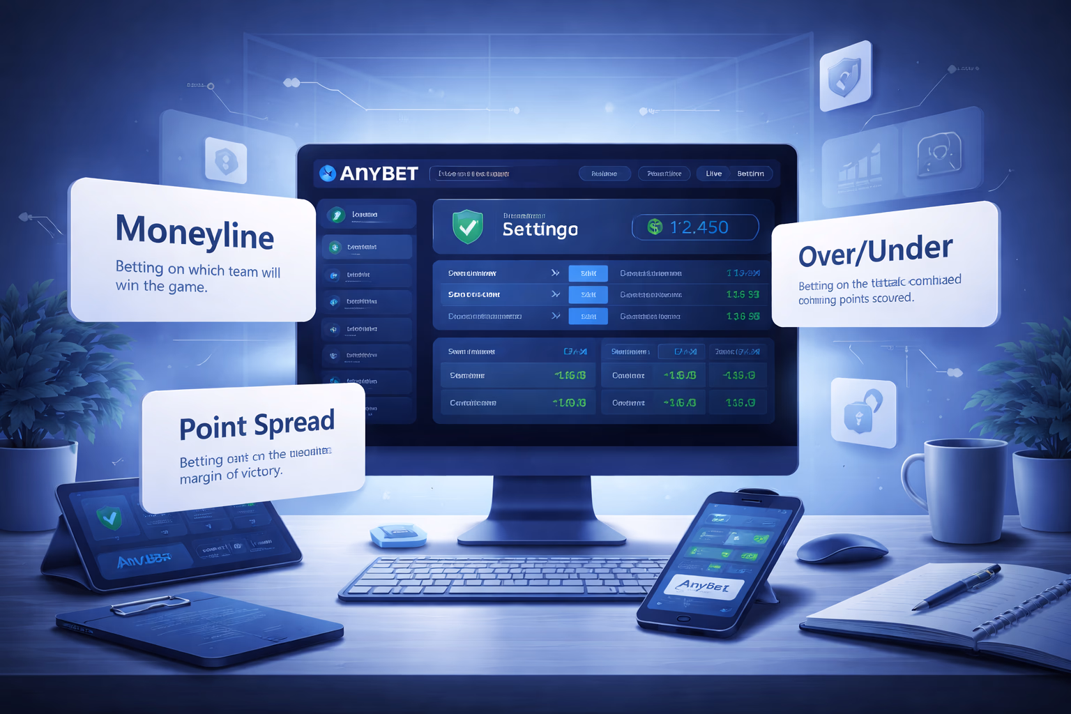 A focused user reviewing betting terms and account options on the AnyBet platform in a clean home workspace.
