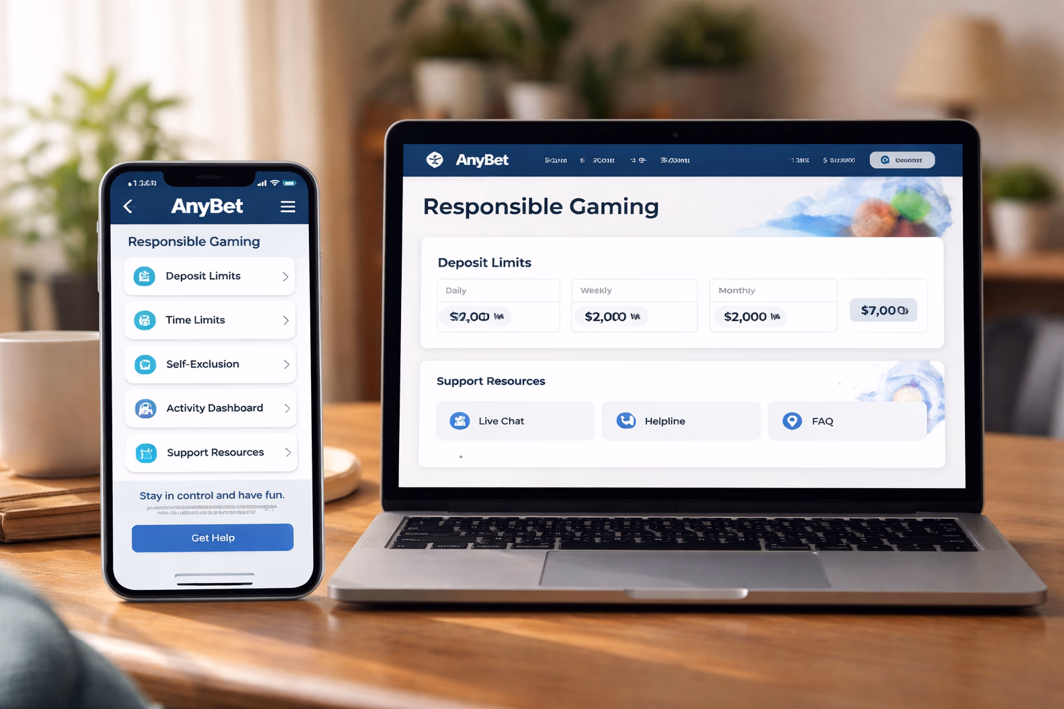 A calm player setting personal limits on the AnyBet account dashboard in a comfortable home setting.