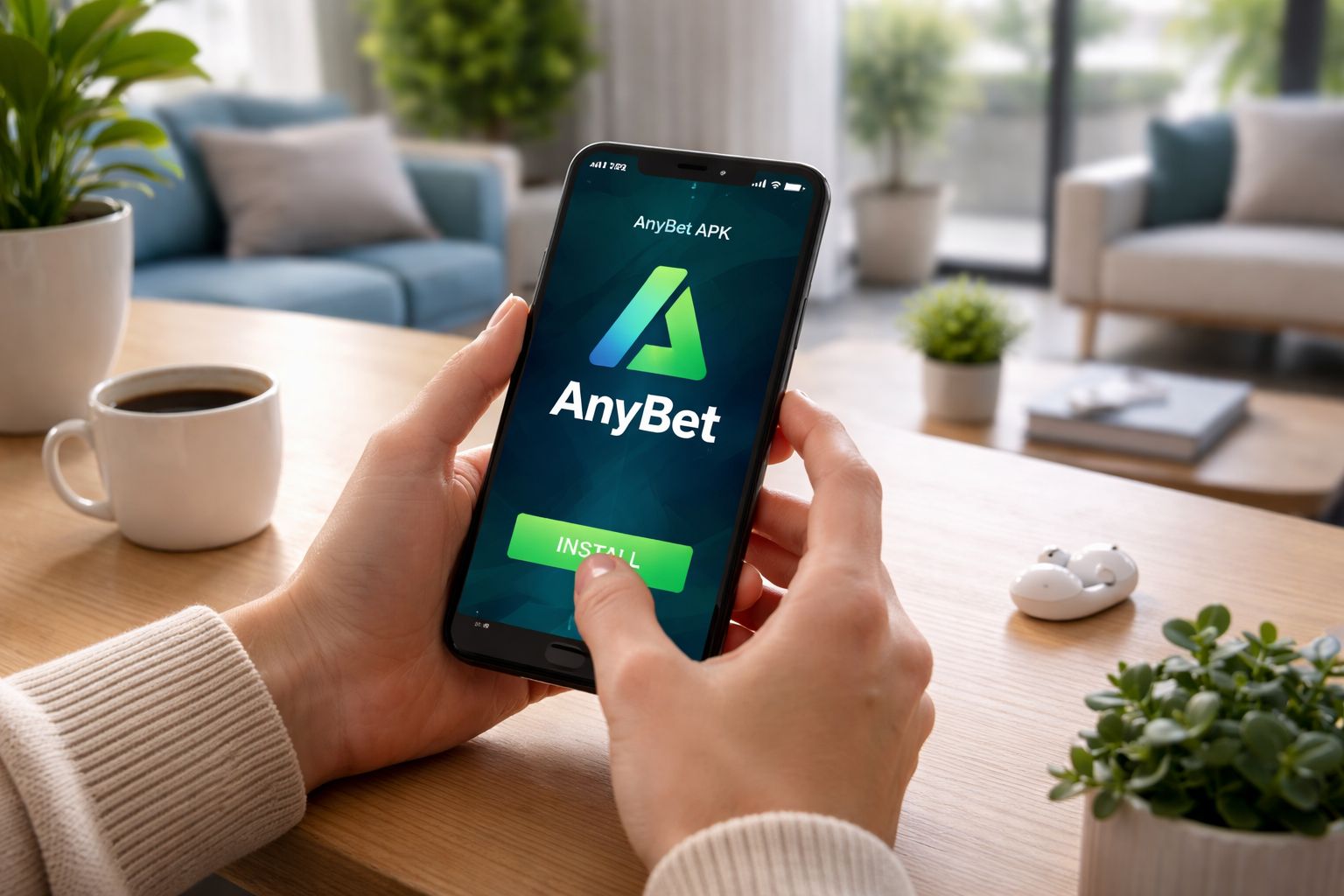 Una mujer sonriente en un entorno moderno instalando el APK de AnyBet en su teléfono Android antes de abrir secciones de casino y apuestas.