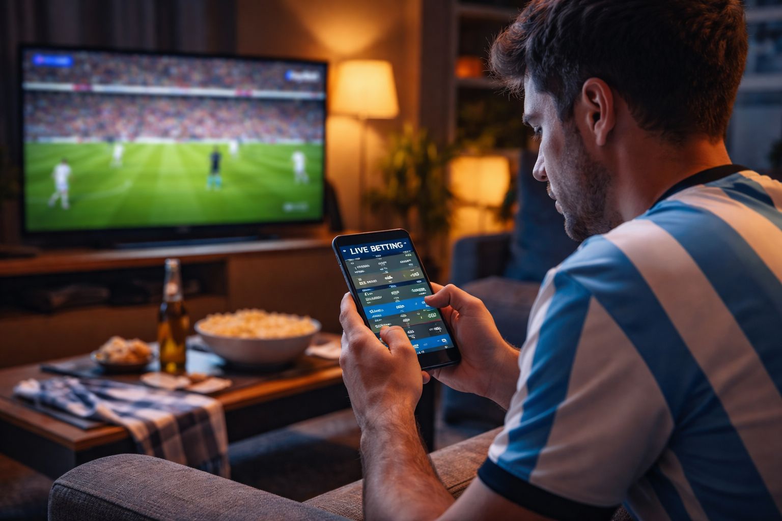 A focused bettor using a smartphone to follow AnyBet live betting markets during a football match in a comfortable home setting.