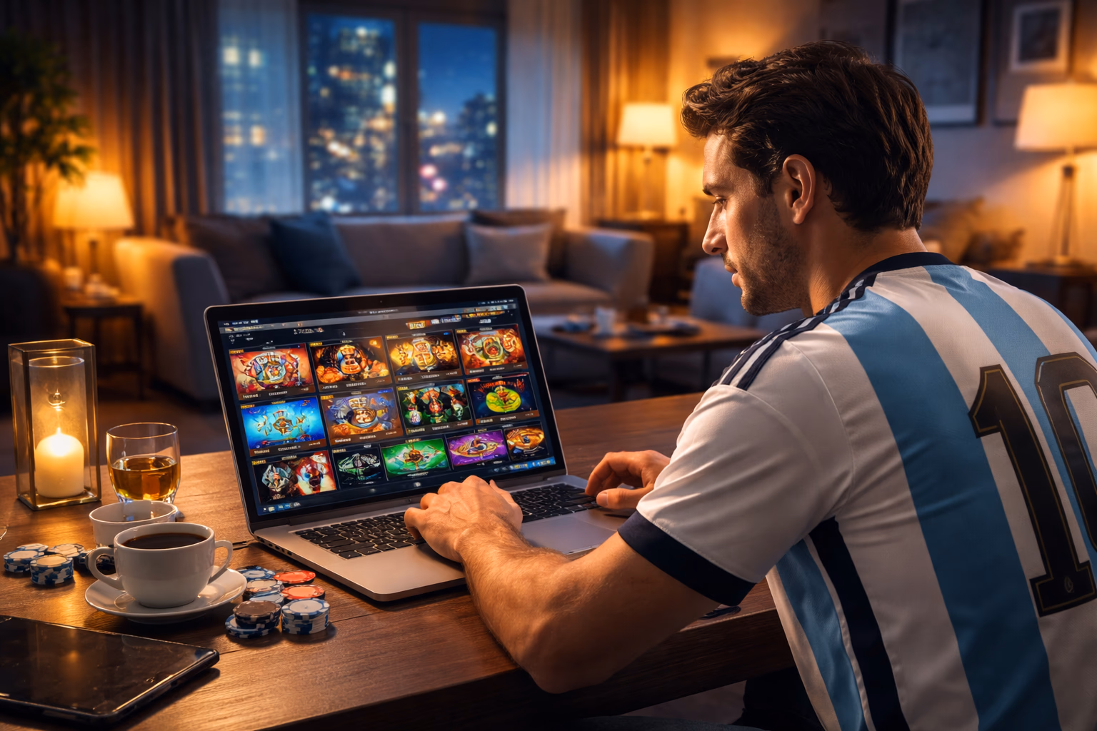 An Argentine woman using her laptop to browse the AnyBet casino lobby with slots and live tables on screen.