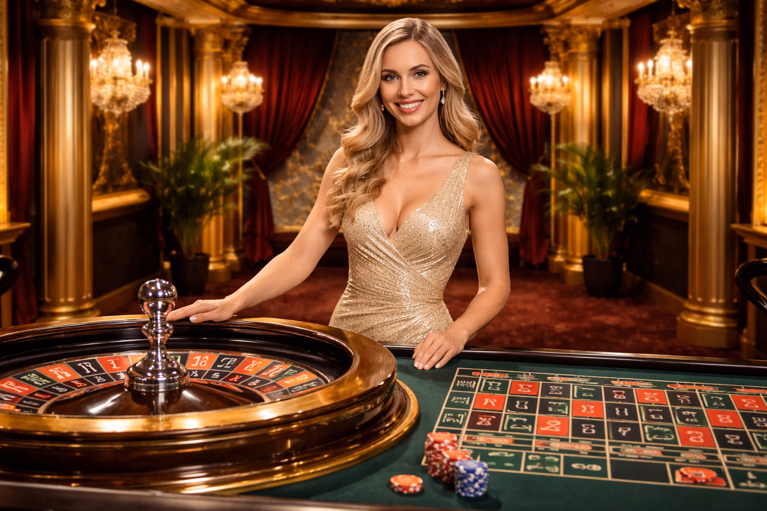A professional live dealer at an AnyBet roulette table smiling under warm studio lights during a real-time game.