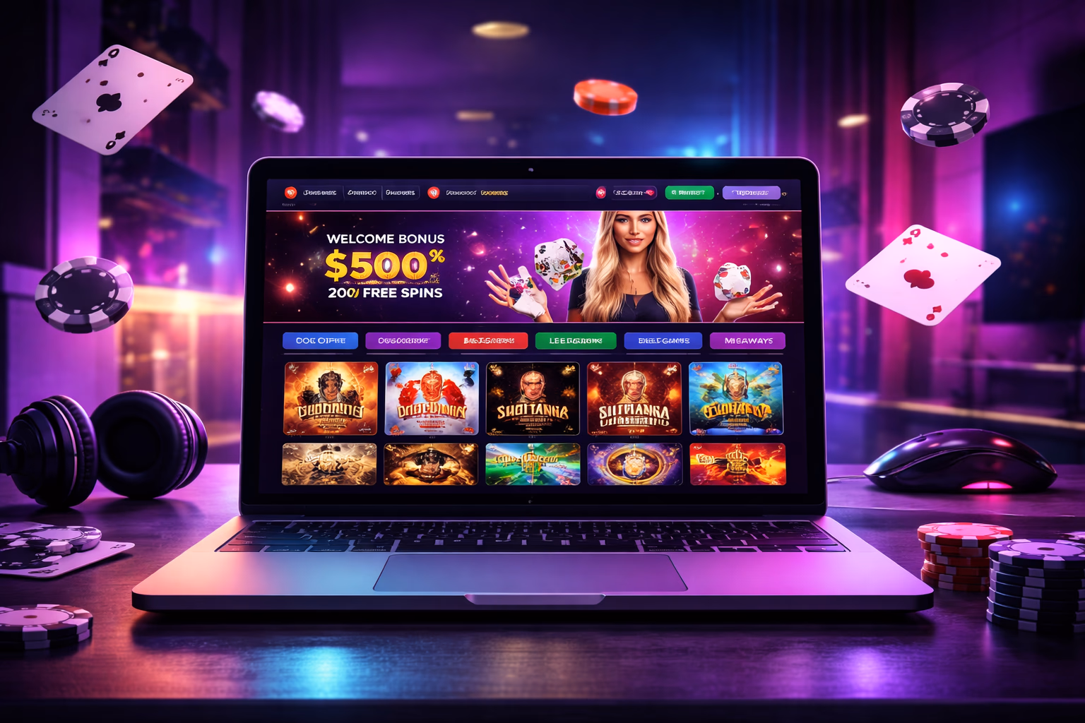 Interfaz digital que presenta el lobby de juegos AnyBet con múltiples categorías y visuales brillantes de casino