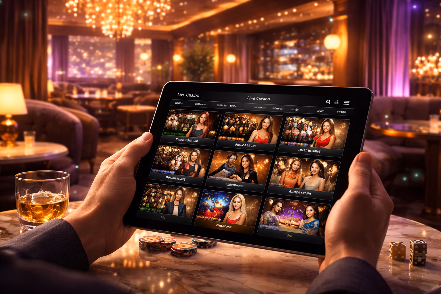 Jugador usando un dispositivo elegante para navegar juegos de casino AnyBet en un entorno moderno y estilizado